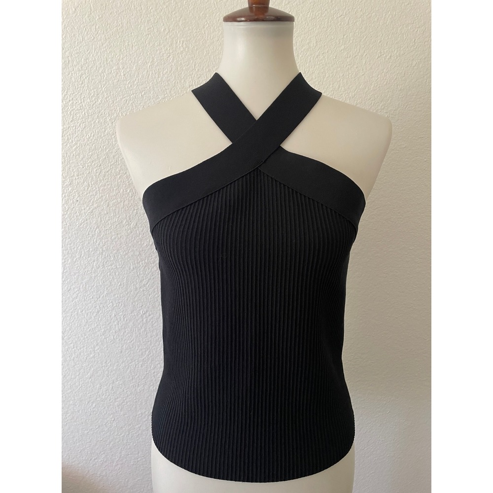 Rachel Zoe Halter Top Women L Ribbed Criss Cross Knit Boho Chic Minimalist